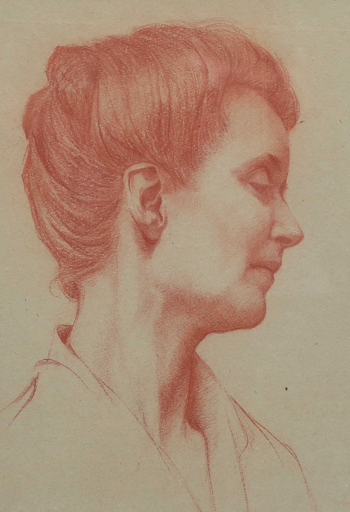 Follower of Sir Edward Coley Burne-Jones (English, 1833-1898), sanguine chalks, Portrait of a lady, 36 x 25cm